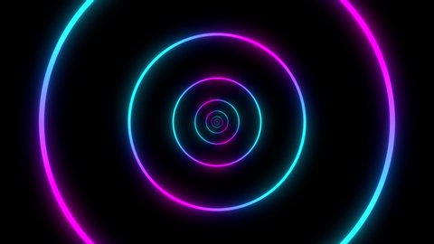 Moving through circles. Abstract colorful background in bright neon color. Modern colorful wallpaper. Loop animation. 3d rendering.
