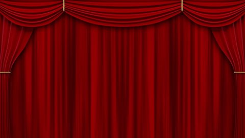 Theater red curtains. 4k 3D animation of a theater stage with opening red curtains