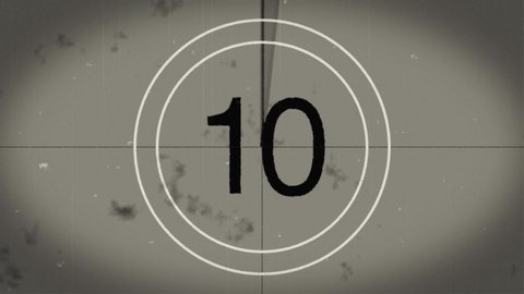 Old movie countdown leader animation. Black and white generic countdown film leader. Countdown from 10 to 0. Old film rolling with scratches, markers and grain. Negative reel. Film Burn 4K FX effect