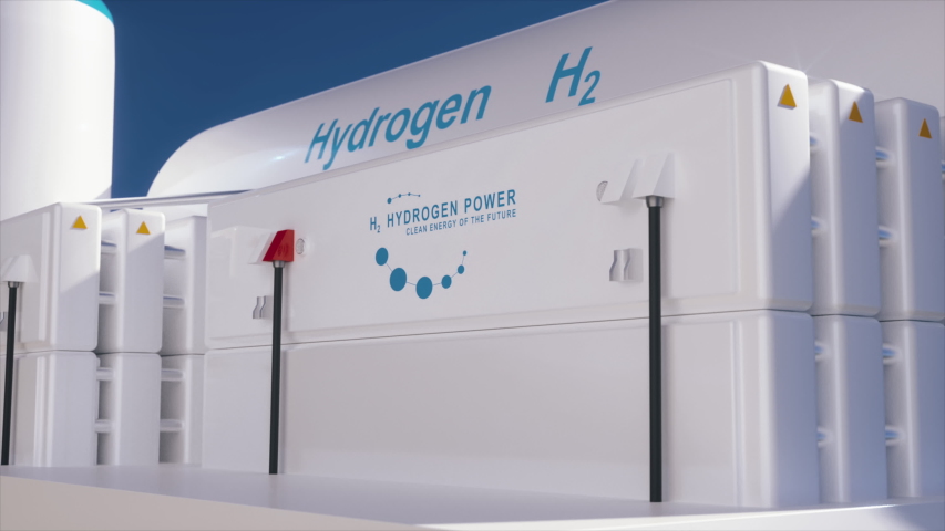 Hydrogen renewable energy production - hydrogen gas for clean electricity solar and windturbine facility. 3d rendering. Royalty-Free Stock Footage #1056715586