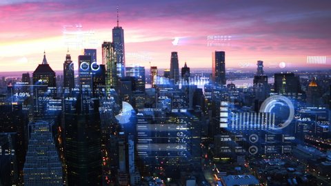 Futuristic city skyline. Big data, Artificial intelligence, Internet of things. Aerial view of New York with financial charts and data. Stock exchange figures.