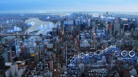 Futuristic city skyline. Financial charts and data in New York. Holographic information. Artificial intelligence, Internet of things. Stock exchange figures.