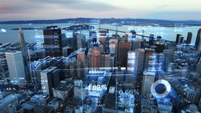  Financial charts and data over San Francisco. Futuristic city skyline. Big data, Artificial intelligence, Internet of things, VR. Stock exchange figures. Aerial view. - Powered by Shutterstock - Get 15% off with code: PIKWIZARD15