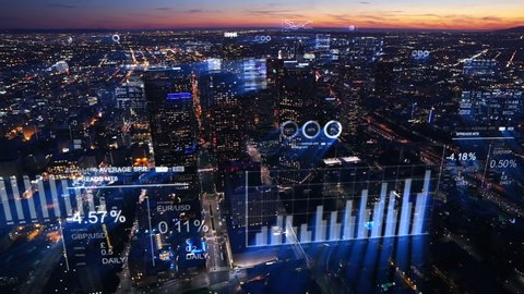 Stock exchange figures. Aerial view of Los Angeles with financial charts and data. Futuristic city skyline. Big data, Artificial intelligence, Internet of things, VR. 