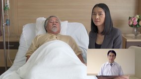 Senior man patient and his daughter remote video conference telemedicine with professional male doctor at hospital discussion about his symptoms for recovery illness. Technology and healthcare concept