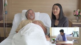 4K Senior man patient and daughter remote video conference telemedicine with professional male surgeon doctor at hospital discussion about his symptoms with x-ray image for recovery illness and health