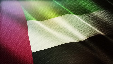 4k United Arab Emirates National flag slow loop seamless waving with visible wrinkles in Emirates UAE wind blue sky background.A fully digital rendering,animation loops at 20 seconds. 