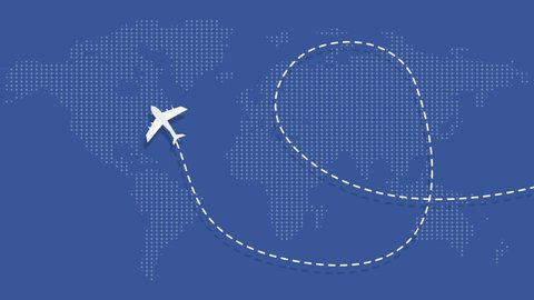 Video animation with white plane flying on the world's map leaving a trail behind. The plane makes a loop on blue background and and flying away from screen. World travel, vacation, journey concept.
