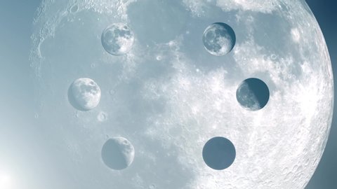 Different phases of the moon against the backdrop of a huge changing moon. Stock-video
