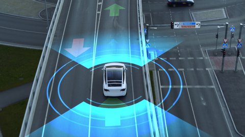 Following Aerial Drone View: Autonomous Self Driving Car Moving Through City Highway. Animated Visualization Concept: Sensor Scanning Road Ahead for Vehicles, Danger, Speed Limits. Day Urban Driveway