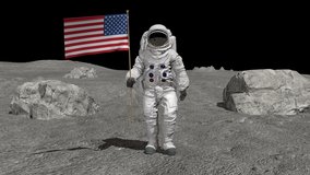 Astronaut walking on the moon with American flag. CG Animation. Some Elements of this video furnished by NASA.