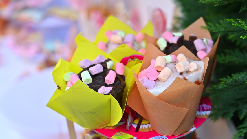 Candy bar on the party. marshmallow, cakes in colorful package 
