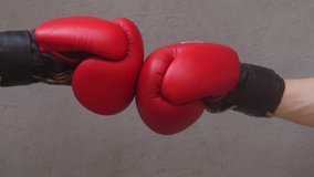 Two red boxing gloves hits. Teamwork gesture. Competition concept - Powered by Shutterstock - Get 15% off with code: PIKWIZARD15