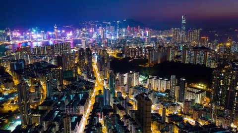 Kowloon, Hong Kong 19 July 2020: Timelapse of Hong Kong city at night