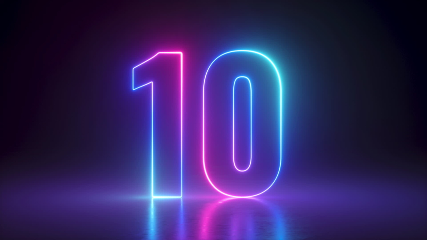 Top ten countdown, neon light numbers from 10 to 1, laser ray appears on black background