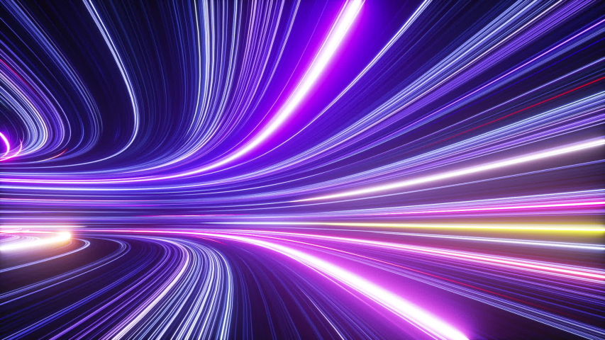 3d abstract neon background, tunnel turning to left, ultra violet rays, glowing lines, virtual reality, speed of light, space and time strings, highway night lights. Seamless looping animation Royalty-Free Stock Footage #1056759089