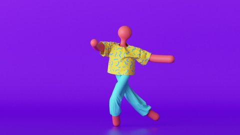 3d cartoon dancer, abstract character wearing yellow shirt and blue pants isolated on violet background, dancing hipster person loop animation, modern minimal seamless motion design. Funny bald toy