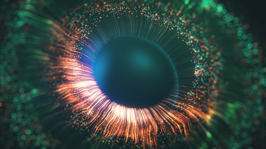 Green and purple lines then form a three-dimensional model of the human eye. The concept of human iris. 3D rendering of an animated abstract background in 4K Royalty-Free Stock Footage #1056759188