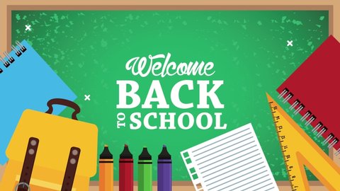 back to school time lettering in chalkboard with supplies ,4k video animated