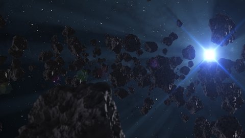 3D animation: Cinematic flight through dark deep space hazy asteroids field above bright starry background