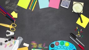 stop motion animation with many colorful stationery on a blackboard. creative back to school concept with copy space - Powered by Shutterstock - Get 15% off with code: PIKWIZARD15