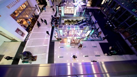 MANHATTAN, USA - DECEMBER 5, 2018: Interior view of Shopping Center in Manhattan, The Shops at Columbus Circle, Time Warner Center, slow motion