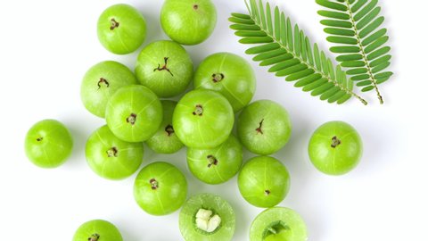 panning indian gooseberry with leaf on white background. top view