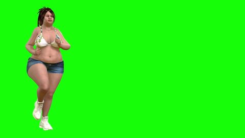 4k 3d animation of a overweight fat avatar girl dressed in shorts and bikini top, jogs and runs, as she runs she loses weight and becomes slim and fit.