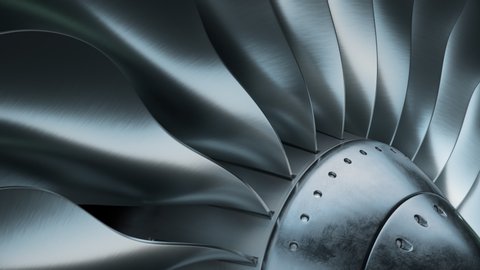 Turbine blades of airplane, Jet engine.
Perspective view of a jet engine and blades.
4K ProRes loopable 3D animation.