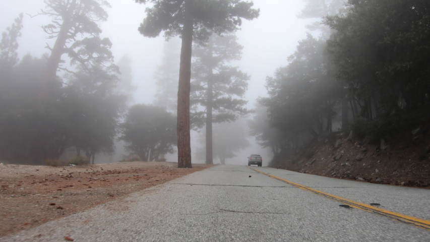 Foggy rear view driving on Crystal Lake Road in the San Gabriel Mountains and Angeles National Forest near Los Angeles in Southern California.