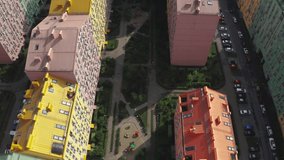 Aerial view of colored european buildings. Drone view of district of colorful houses in Kiev, Ukraine. Comfort town buildings. Aerial view, drone video footage.