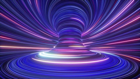 3d abstract futuristic neon background with spinning glowing lines, speed of light, ultra violet rays, twisted electromagnetic vortex. Looping seamless animation