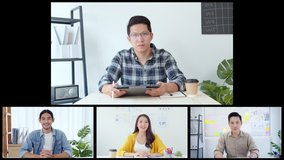 Group on young Asian business people, office coworkers on video online conference call, remote team meeting collage screen. New normal social distancing lifestyle, work from home concept