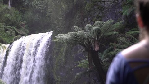 Waterfall flowing amongst ferns in rainforest with woman admiring