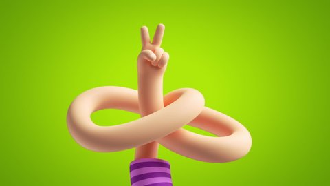 3d cartoon character tangled hand appears, shows two fingers victory gesture, isolated on green background