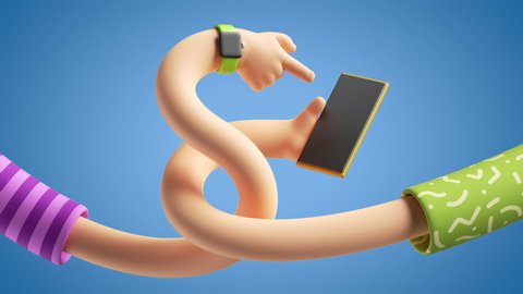 3d funny cartoon character tangled flexible hands appear, hold smart phone, pointing finger, isolated on blue background. User experience. Blank gadget mockup