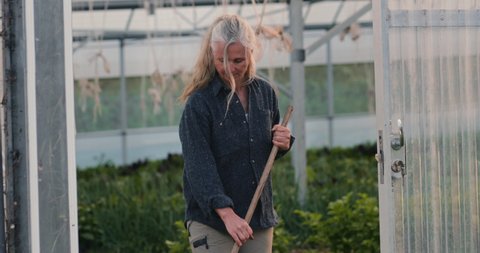 Senior caucasian woman sweeping floor at organic greenhouse