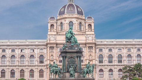 Empress Maria Theresia Monument timelapse and Art History Museum in Vienna, Austria. Beautiful view of famous Naturhistorisches Museum (Natural History Museum) with park and sculpture in Vienna