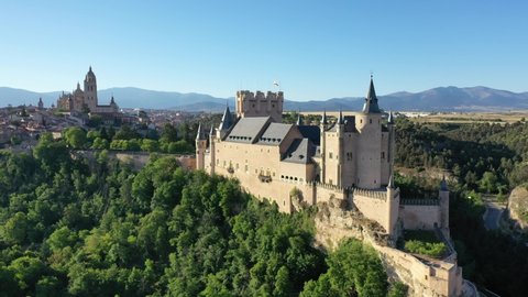 Aerial view of fortress Alcazar of Segovia. Spain. High quality 4k footage