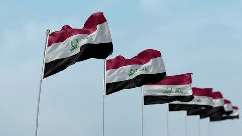 Row of waving flags of National flags of Iraq with sky Background . -3D rendering 