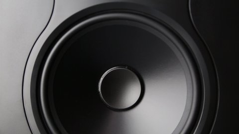 Professional dj speakers footage.Hifi sound system video.High quality big sound speaker with tweeter  subwoofer in black box for sound recording studio.Listen to music in hi-fi with stereo monitors