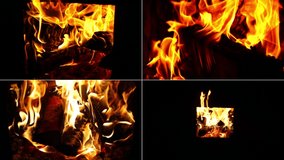 Split screen. Slow motion video, flames of a campfire or stove on a black background.