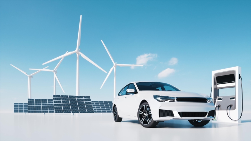 Electric car charger station and wind turbines. Ecologic green car. Grass covered car. Wind turbines and solar panels. Royalty-Free Stock Footage #1056860678
