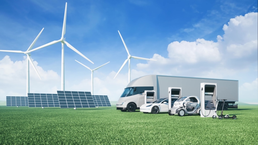 Electric cars on the background of wind turbines. Alternative energy for cars. Royalty-Free Stock Footage #1056860681