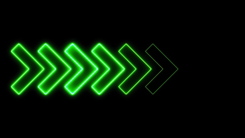 Video footage of glowing right neon Green arrows. Looped Neon Lines abstract VJ background. Futuristic laser background. Seamless loop. Arrows flashing on and off in sequence. Matrix beam fashion show