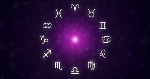 Zodiac Signs in the space. Aquarius, Aries, Cancer, Capricorn, Gemini, Leo, Scorpio, Taurus, Virgo, Libra, Pisces, Sagittarius. Circular Zodiac wheel.
