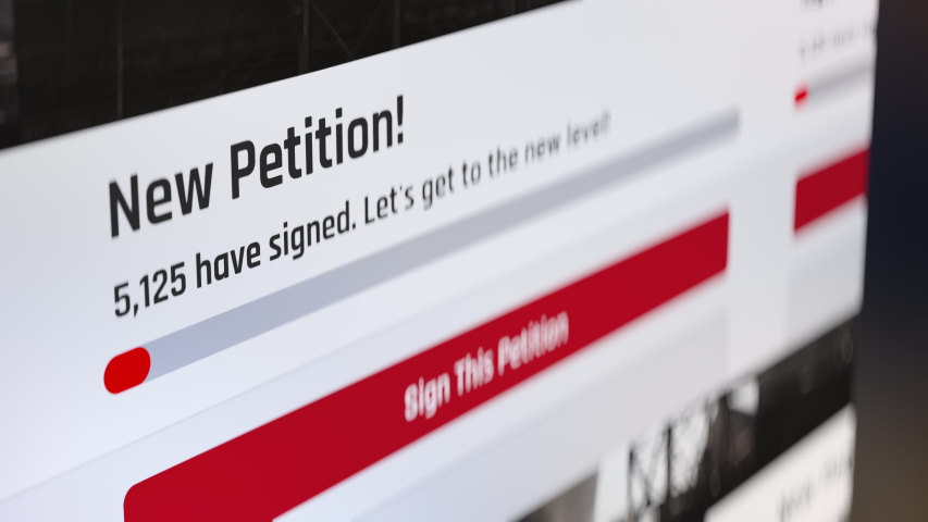 Sign this petition text on screen, online platform with votes, people signing. Internet petition, web interface