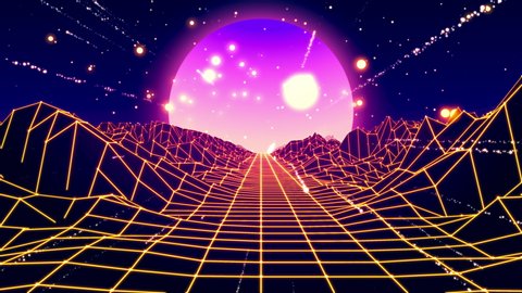 Retro 80s VJ Digital Wave Mountain. 3D rendering.This clip have seamless loop animation mountain line glow and particle passing to the blue moon.: stockvideo