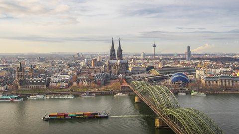 Time Lapse of Aerial View Cologne city and Cathedral with Hohenzollern Bridge, Cologne, Germany