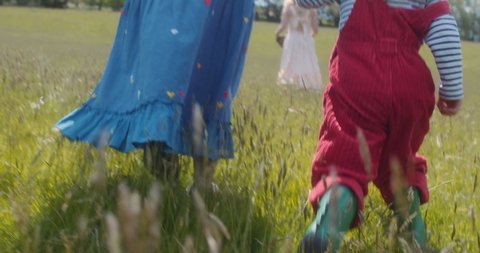 SLO MO CU Rear view of mother and daughter (2-3) walking in grassy field / Dorset, UK : vidéo de stock